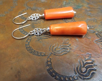 Bright Orange Coral Sterling Silver Filigree 2.5" Long Earrings Hook Ear Wires