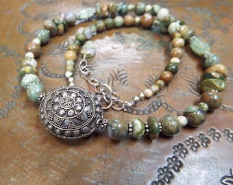 Artisan Necklace 925 Silver Chunky Rhyolite Rainforest Jasper Gemstone Unisex Necklace 18" long with a 1.75" extender chain Thai focal Bead