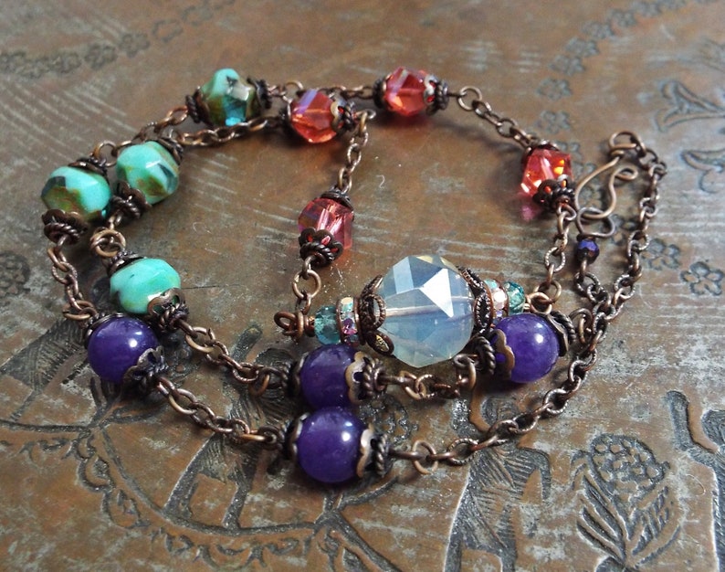 Boho Rustic Beachy Czech Glass Premium Bead and Amethyst Multicolor Necklace on Copper Link Chain