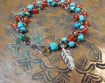 Bracelet Genuine Turquoise and Carnelian 3 Strand Sterling Silver with Feather Charm Hook and Eye Clasp 7.5" Long fits up to a 6.75 wrist