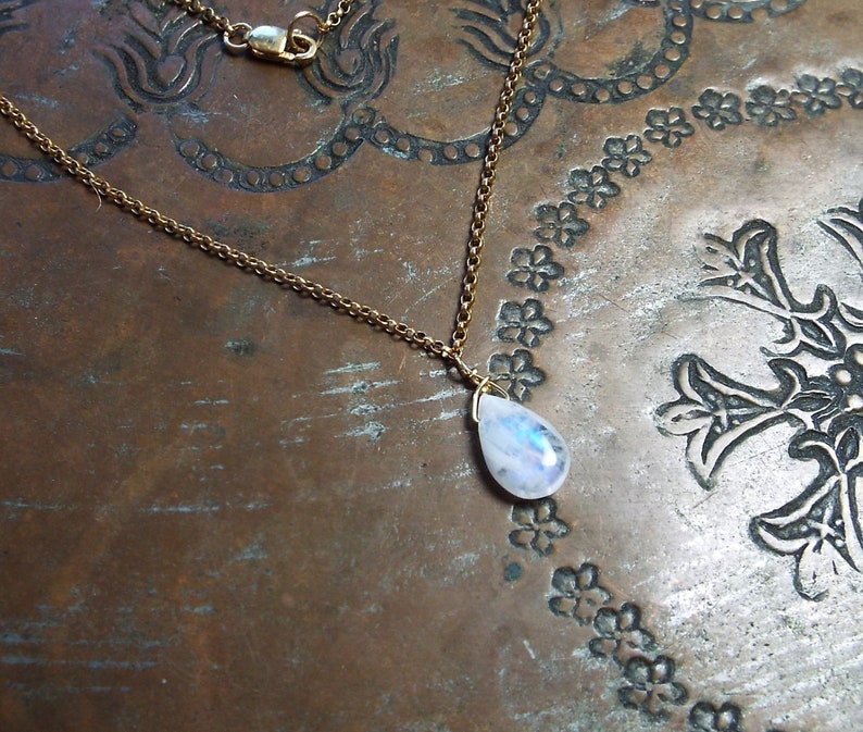 White Moonstone Blue Flash and Gold Filled Chain Anklet 10 inch Lobster clasp