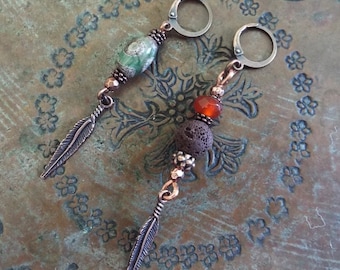 SINGLE Earring Feather with Green Agate or Brown Volcano Stone and Carnelian Copper Mens Jewelry YOU Choose
