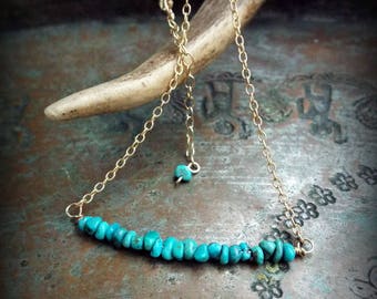 Blue Turquoise Bar Necklace 14K Gold Filled Beautiful Natural Nevada Gemstone