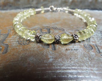 Sterling and Lemon Quartz Gemstone Bohemian Bracelet 8" Long Spring ring closure