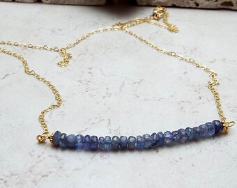 Bar Necklace Tanzanite Gemstone Rondelle Beads on Gold Filled Chain