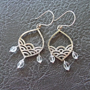 Clear Aquamarine Gemstone and Sterling Silver Plated Brushed Chandelier Earrings 2.25&quot; Long 1&quot; wide Fish Hook Wires