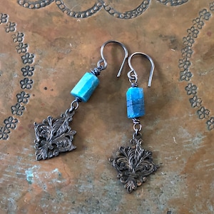 Earrings Raw Teal Apatite Gemstones and Artisan Copper Fleur de lis dangles