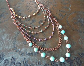 Necklace Multistrand ALL Gemstone Six Layer Copper Hessonite Garnet Purpurite Turquoise Agate