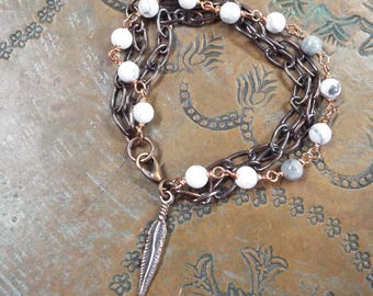 Bracelet Rustic Unisex Artisan Copper Handmade Bracelet White Howlite Copper 3 Strand 8" Long Trigger Clasp Closure  Feather Charm