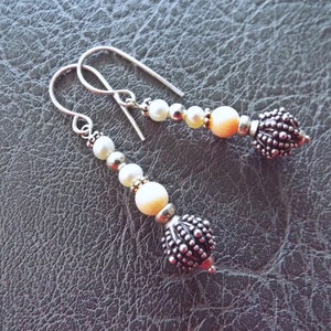 Pale Pink Coral Sea Urchin Sterling Silver White Pearl Dangle Earrings 2&quot; Long