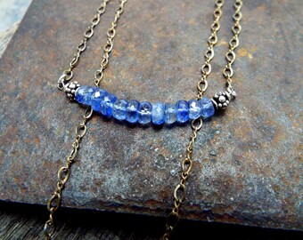 Blue Kyanite Bar Necklace Sterling Silver Beautiful Royal Blue