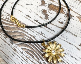 Golden Sunflower CZ and Black leather necklace 18" Long 7/8" Sunflower