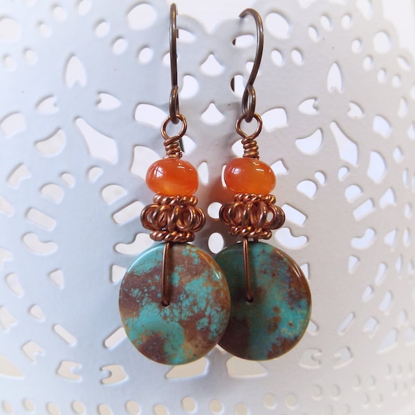 Earrings Small Turquoise and Carnelian Solid Copper Rustic Dangles 1.75" long Southwestern jewelry