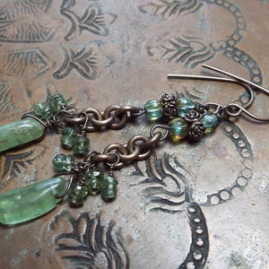 Green Kyanite Gemstone Earrings Boho Artisan Sterling Silver and Czech glass