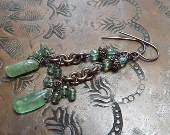 Green Kyanite Gemstone Earrings Boho Artisan Sterling Silver and Czech glass