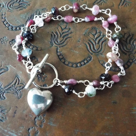 Sterling Silver Tourmaline Double Strand Artisan Bracelet Heart toggle