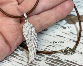 Silver CZ Angel Wing Necklace on Brown Leather 18" Long 1-3/4" Pendant drop
