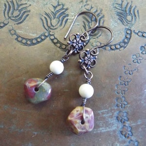 Boho Rustic SW Copper with Riverstone and Red Creek Jasper Dangle Earrings