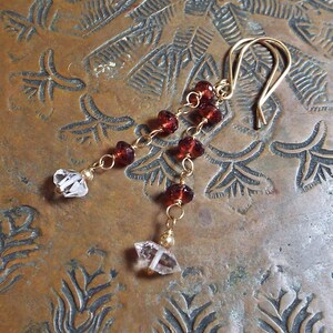 Earrings Linear Garnet and Herkimer Diamond Gemstones Faceted 14K Gold filled Dangles