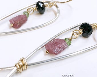 Handmade Fish Style Sterling Silver and 14K Gold Filled Earrings Mixed Metal Tourmaline Dangle Earrings. 2.75" long