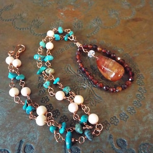 Artisan Turquoise and Pink Coral Copper Chain Necklace With Hessonite Garnet hoop and Rutilated Hair Quartz Pendant