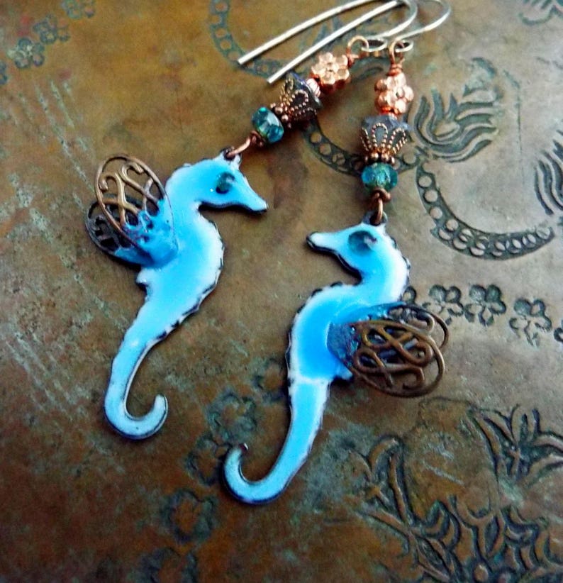 Seahorse Boho Artisan Earrings Enameled Copper and Czech Glass Dangles Sterling Silver Ear Wires