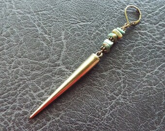 Spike Single Turquoise Bead Earring Unisex Mens Antiqued Brass Long 3.25&quot; Lever Back