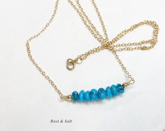 Blue Genuine Sanai Peninsula Turquoise Bar Necklace 14K Gold Filled Beautiful Gemstones 20" Long and Can Be Shortened.