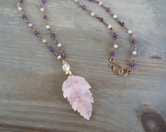 Artisan Rose Quartz and Amethyst Bronze Necklace  22" chain and a 2.5" pendant drop