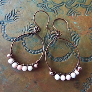 Copper Wire Wrapped Dangle Earrings Pink Coral Gem