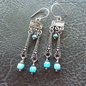 Roman Style Turquoise Earrings Sterling Silver Wires and Silver Plated Connectors 2-3/8&quot; Long