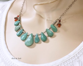 Carnelian and #8 Mine Turquoise and Sterling Silver Bib Necklace 20" Long Can be Shortened if needed.