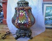 Gorgeous Iridescent Large Table Lamp, Two Available, Very good in great working condition, Shiny iridescent Pressed glass Lamp, China Galore
