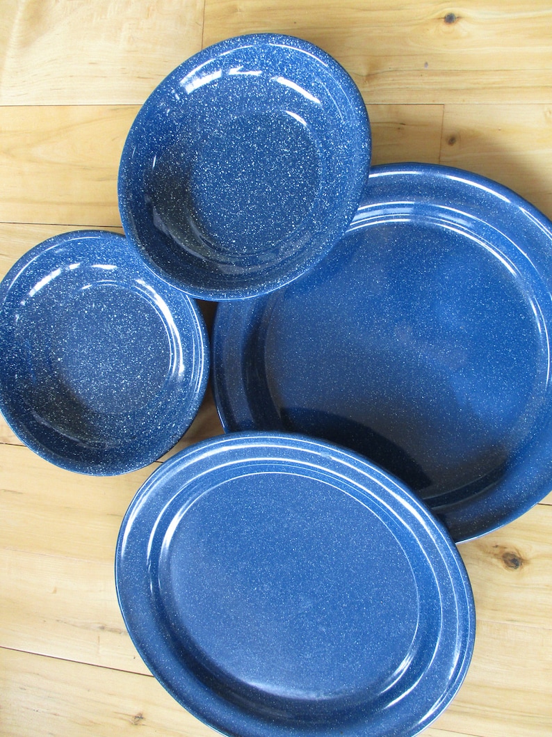 Blue Enamel dinner plates bowls Set of 4 pieces Very good Etsy