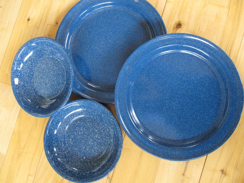 Blue Enamel dinner plates bowls Set of 4 pieces Very good Etsy