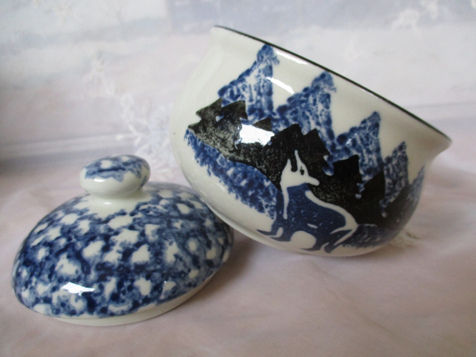 TIenshan Folk Craft Howling Wolf Lidded Sugar bowl Howling Etsy