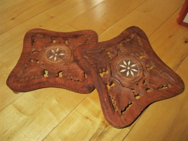 Wooden Footed Trivets India Flower Laser Cut Beautiful Vintage Etsy