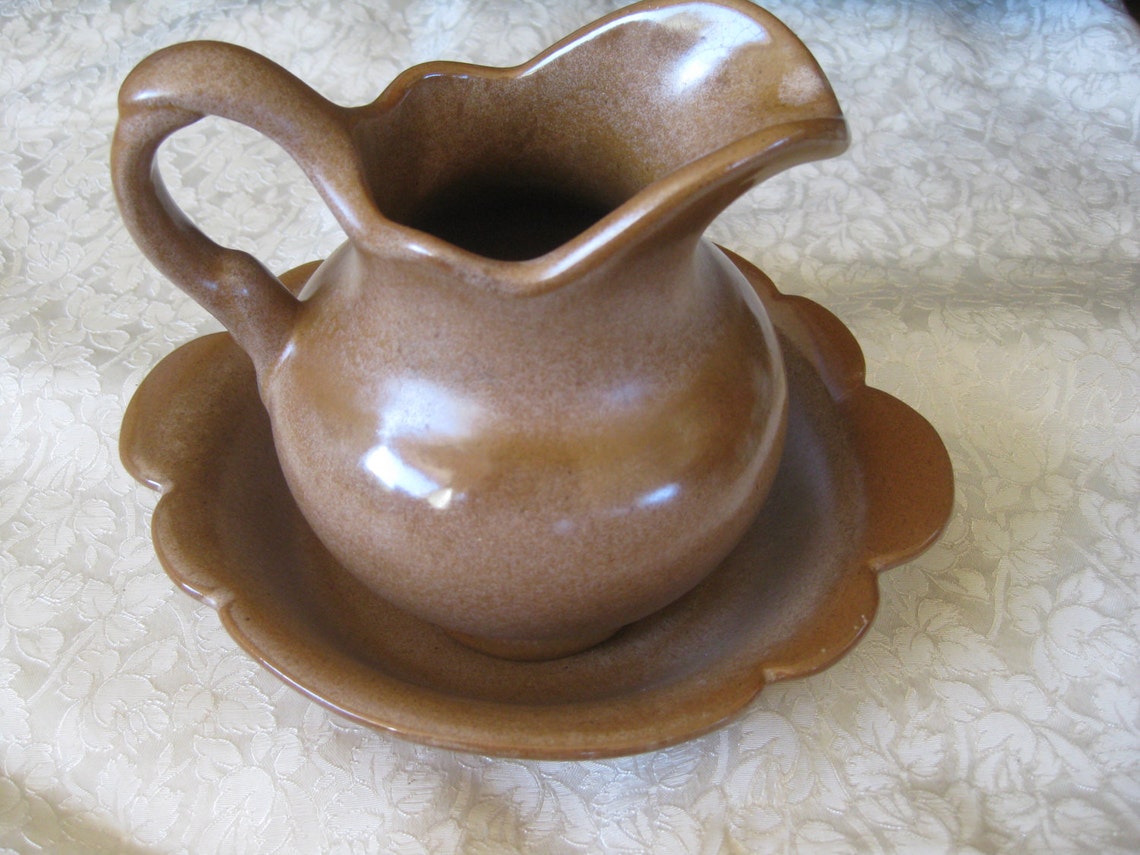 Vintage Frankoma Brown Satin Pitcher With Underplate Etsy