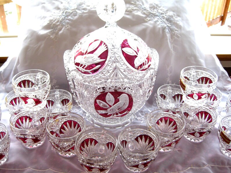 RARE Hofbauer German Ruby Red Bird Lead Crystal Punch Bowl Etsy