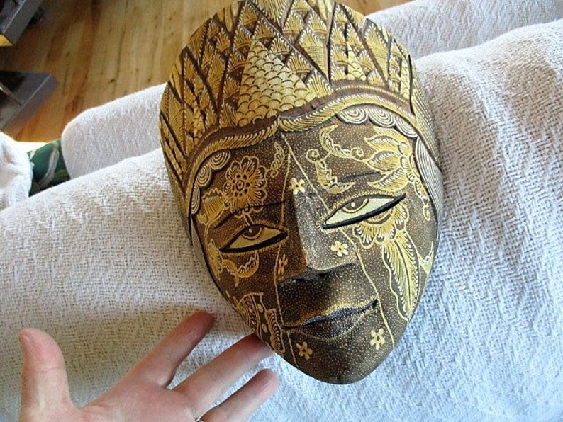 Estate sale find Javanese Tribal circa 1980s Balsa Batik JavaneseTribal Mask China Galore tribal decor
