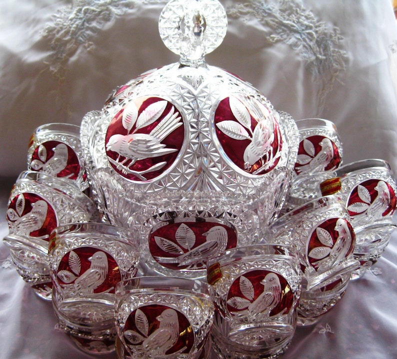 RARE Hofbauer German Ruby Red Bird Lead Crystal Punch Bowl Etsy