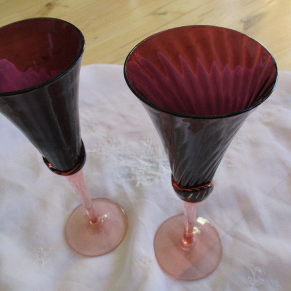 Exquisite Mikasa Blossom Plum Peach Fluted Stemware,  Excellent, Set of 2 Rare Amethyst Crystal Stemware,  Purple Peach champagne, Mikasa