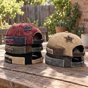 May include: A stack of three brimless caps in maroon, dark green, and black, and one tan brimless cap, all featuring a distressed finish, a star-shaped patch, a rolled cuff with frayed edges, and a metal buckle strap with the text devifon.