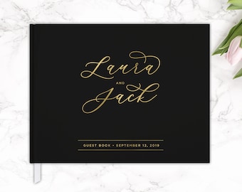 Black and Gold Guest Book, Wedding Guest Book, Real Gold Foil and Black Custom Guestbook, Black and Gold, Wedding Journal, Sign In Book