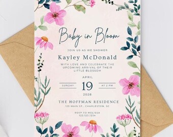 Baby In Bloom Invitation Template Baby Shower Invitation Wildflower Baby Shower Invite Boho Baby Invitation Printable Canva Template