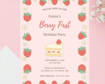 Berry First Birthday Invitation Template First Birthday Invitation Girl Strawberry Birthday Invitation Editable Digital Invite Canva