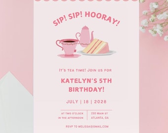 Tea Party Invitation Template Birthday Invitation For Kids Printable Birthday Invitation Tea Party Baby Shower Invitation Canva Template