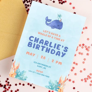 Plantilla de invitación de cumpleaños bajo el mar para niños, invitación de cumpleaños imprimible, invitación de cumpleaños para niños, invitación de cumpleaños de ballena, plantilla Canva