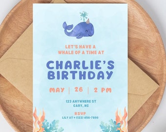 Whale Birthday Invitation Template For Kids Printable Birthday Invite Kids Birthday Invitation  Under The Sea Themed Birthday Invite Canva