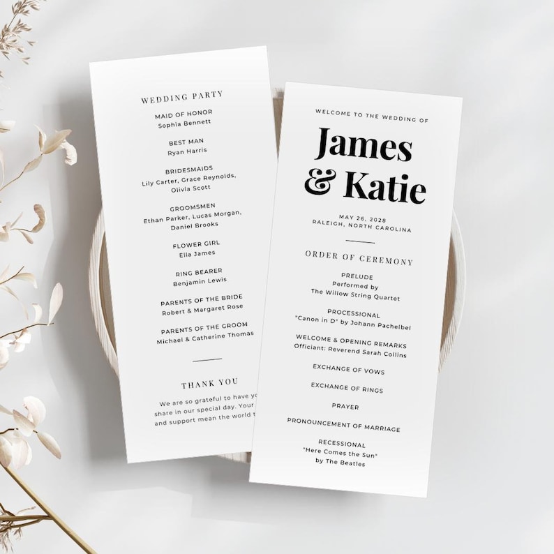 Hochzeitsprogramm Hochzeitsprogramm Vorlage Bearbeitbares Hochzeitsprogramm Minimalistisches Programm Modernes Hochzeitsprogramm Vorlage Zeremonieprogramm Bild 1